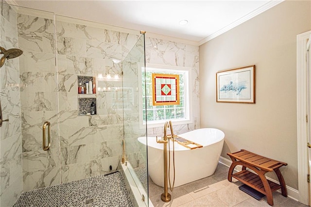6369 Timber Creek Trl, Dahlonega, GA 30533 - bathroom with crown molding, a freestanding bath, a stall shower, and tile patterned floors