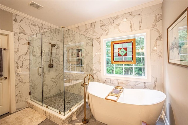 6369 Timber Creek Trl, Dahlonega, GA 30533 - bathroom featuring ornamental molding, a marble finish shower, a freestanding bath, plenty of natural light, and tile walls