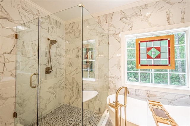 6369 Timber Creek Trl, Dahlonega, GA 30533 - full bath with crown molding, plenty of natural light, a marble finish shower, and a freestanding tub