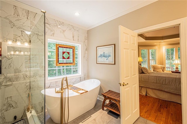 6369 Timber Creek Trl, Dahlonega, GA 30533 - ensuite bathroom featuring ornamental molding and a freestanding tub