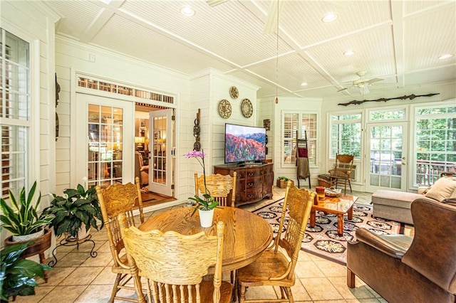 6369 Timber Creek Trl, Dahlonega, GA 30533 - sunroom featuring coffered ceiling, tile patterned flooring, crown molding, recessed lighting, and french doors