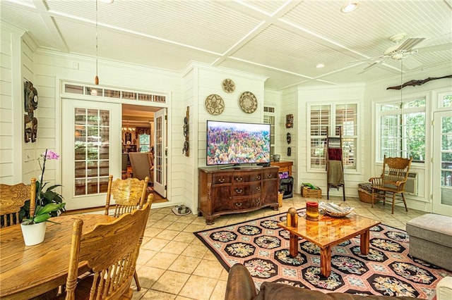 6369 Timber Creek Trl, Dahlonega, GA 30533 - living area with light tile patterned floors, a ceiling fan, ornamental molding, coffered ceiling, and wooden walls