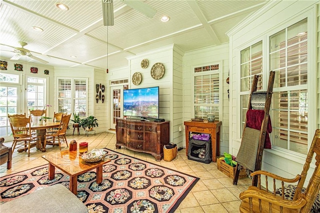 6369 Timber Creek Trl, Dahlonega, GA 30533 - tiled living room featuring a ceiling fan, coffered ceiling, beamed ceiling, crown molding, and recessed lighting