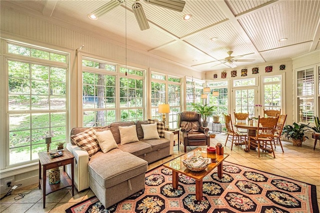 6369 Timber Creek Trl, Dahlonega, GA 30533 - sunroom featuring french doors, coffered ceiling, tile patterned floors, and recessed lighting