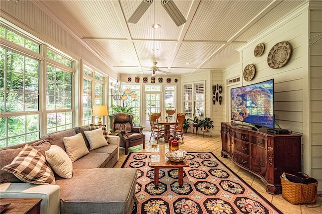 6369 Timber Creek Trl, Dahlonega, GA 30533 - living room featuring ceiling fan, healthy amount of natural light, coffered ceiling, light tile patterned floors, and wooden walls