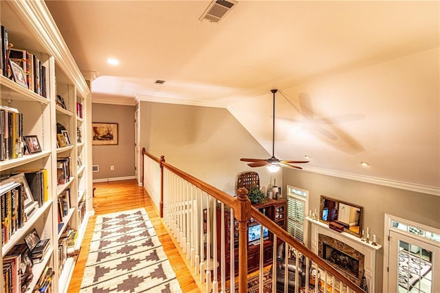 6369 Timber Creek Trl, Dahlonega, GA 30533 - corridor featuring light wood finished floors, ornamental molding, an upstairs landing, recessed lighting, and lofted ceiling