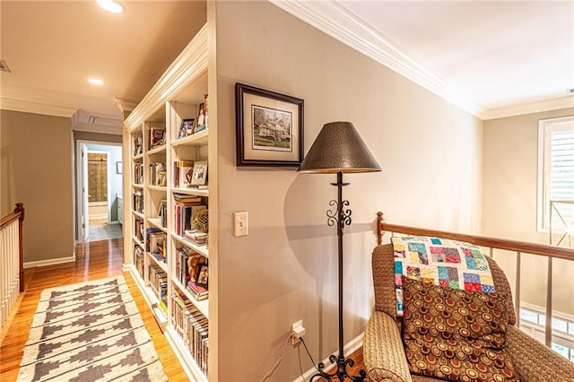 6369 Timber Creek Trl, Dahlonega, GA 30533 - corridor with light wood-style floors, ornamental molding, an upstairs landing, and recessed lighting
