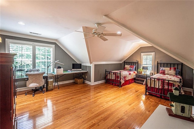 6369 Timber Creek Trl, Dahlonega, GA 30533 - bedroom with a desk, lofted ceiling, hardwood / wood-style floors, and ceiling fan