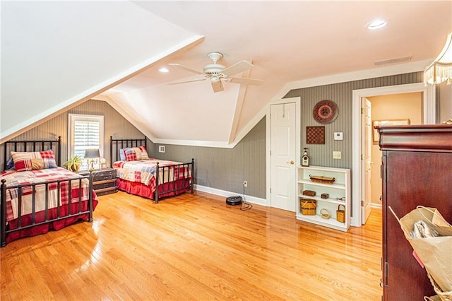 6369 Timber Creek Trl, Dahlonega, GA 30533 - bedroom featuring light wood-type flooring, vaulted ceiling, a ceiling fan, and recessed lighting