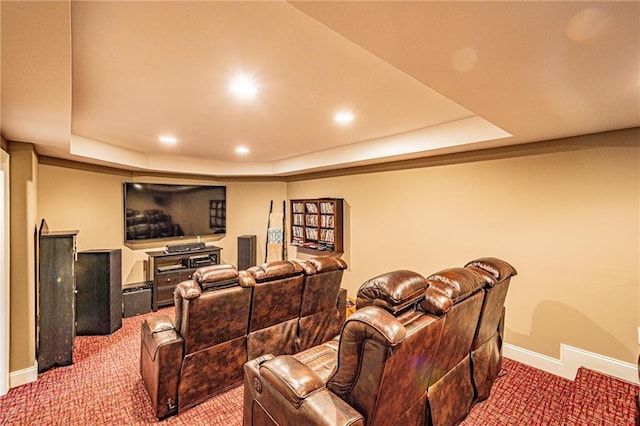 6369 Timber Creek Trl, Dahlonega, GA 30533 - home theater room with a tray ceiling, carpet flooring, and recessed lighting
