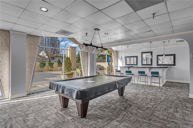 game room with baseboards, arched walkways, pool table, and carpet flooring
