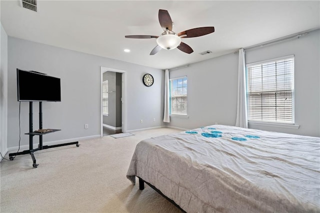 carpeted bedroom with recessed lighting, baseboards, visible vents, and ceiling fan