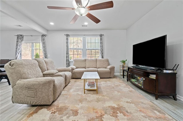 living room featuring wood finished floors, a ceiling fan, visible vents, baseboards, and recessed lighting