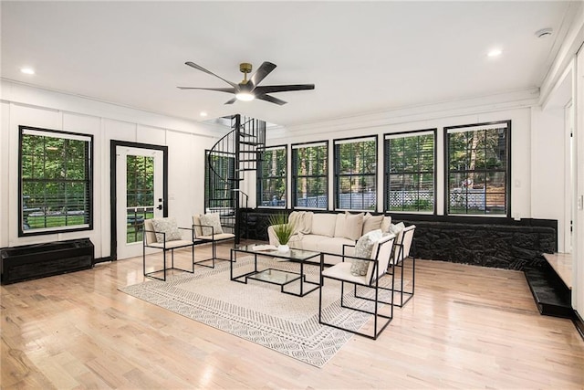 2432 Thompson Mill Rd, Gainesville, GA 30506 - living area with wood finished floors, a ceiling fan, healthy amount of natural light, crown molding, and recessed lighting