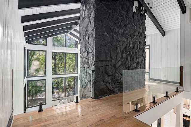 2432 Thompson Mill Rd, Gainesville, GA 30506 - interior space featuring wood finished floors, high vaulted ceiling, and wood ceiling with exposed beams