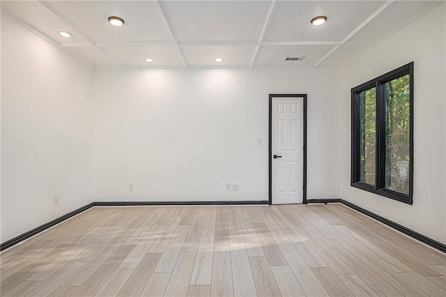2432 Thompson Mill Rd, Gainesville, GA 30506 - unfurnished room with light wood-type flooring, baseboards, recessed lighting, and coffered ceiling