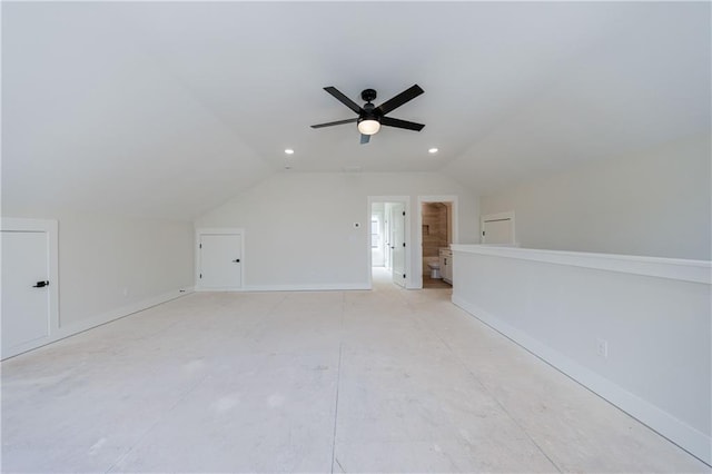 bonus room featuring baseboards, recessed lighting, a ceiling fan, and vaulted ceiling