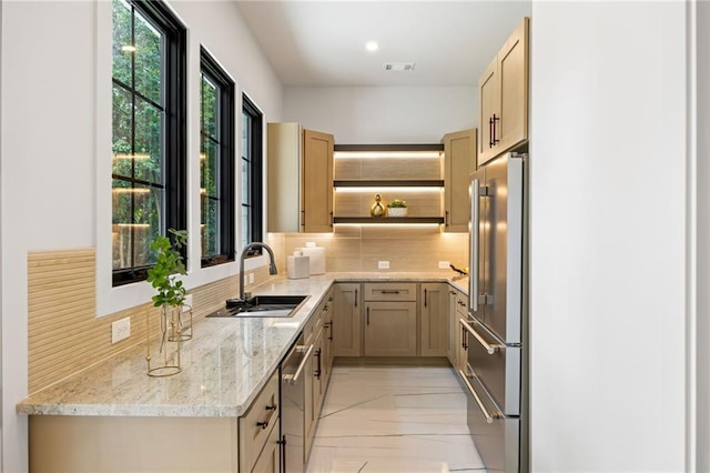 942 Fairfield, Marietta, GA 30068 - kitchen featuring appliances with stainless steel finishes, a sink, decorative backsplash, light stone counters, and recessed lighting