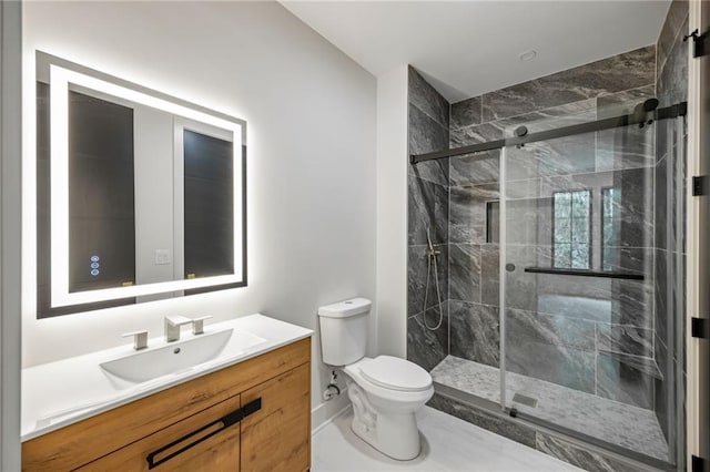 942 Fairfield, Marietta, GA 30068 - bathroom with toilet, a stall shower, vanity, and baseboards