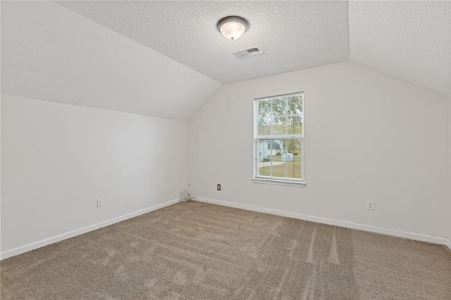 additional living space featuring lofted ceiling, carpet, and a textured ceiling