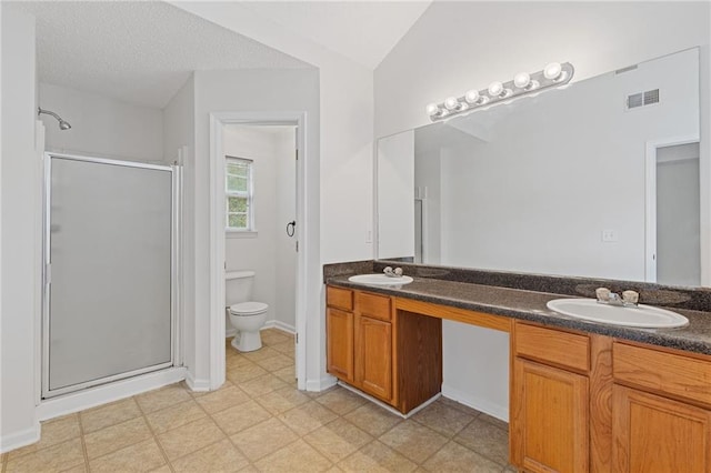 bathroom with vanity, vaulted ceiling, toilet, and walk in shower