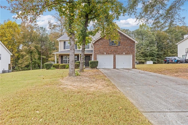 view of front of home with a garage, a front yard, and central air condition unit