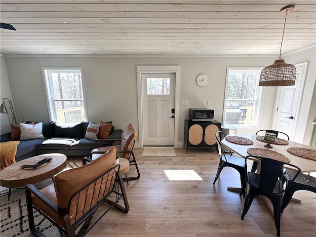 interior space with plenty of natural light, light wood-style flooring, and wooden ceiling