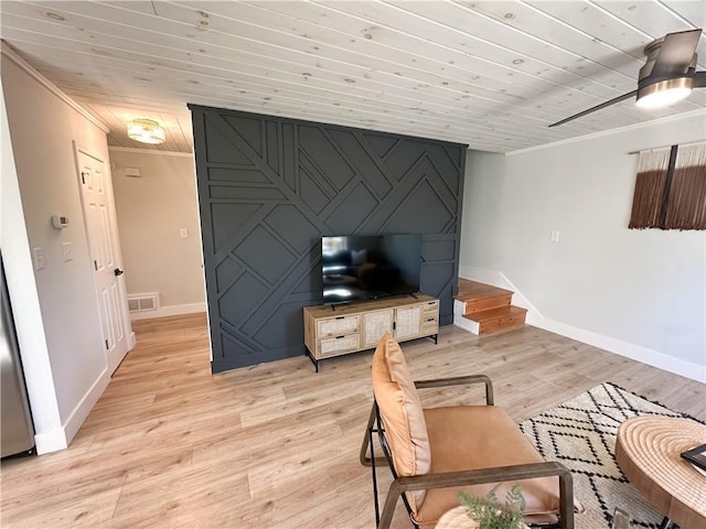 living area featuring an accent wall, light wood-style flooring, wood ceiling, and visible vents