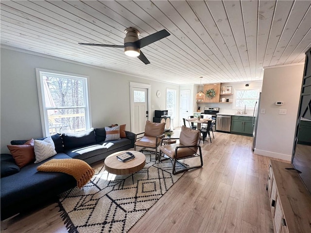 living room with ceiling fan, wood ceiling, and light wood-style flooring