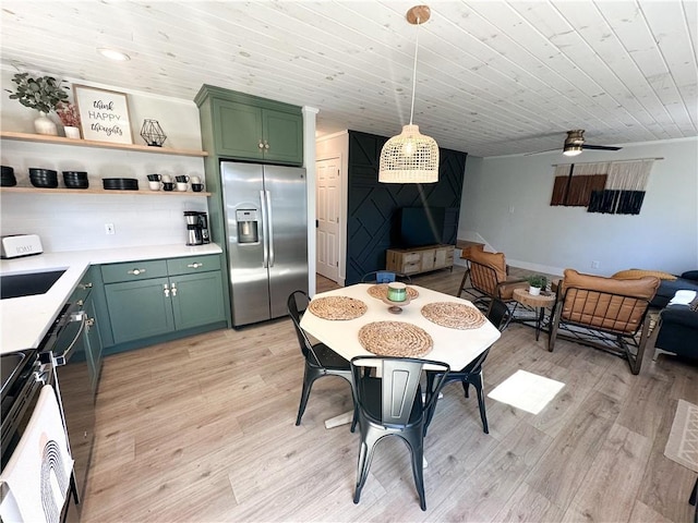 dining space featuring recessed lighting, wood ceiling, ceiling fan, and light wood finished floors