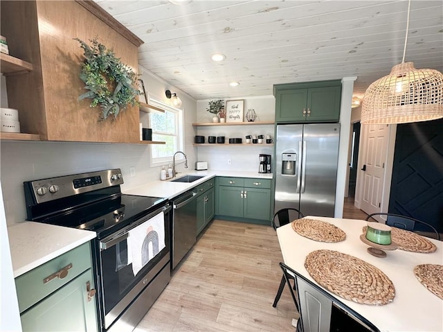 kitchen with green cabinetry, a sink, stainless steel appliances, and open shelves