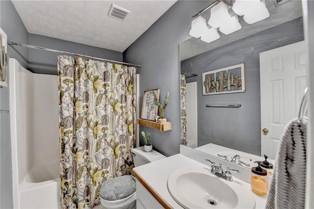 bathroom featuring a textured ceiling, toilet, shower / tub combo, vanity, and visible vents