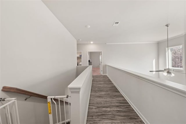 hall with dark hardwood / wood-style floors and ornamental molding