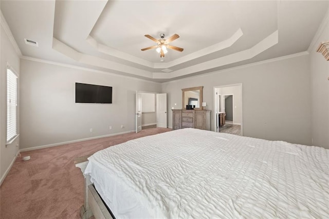 bedroom with light carpet, a raised ceiling, ceiling fan, and crown molding