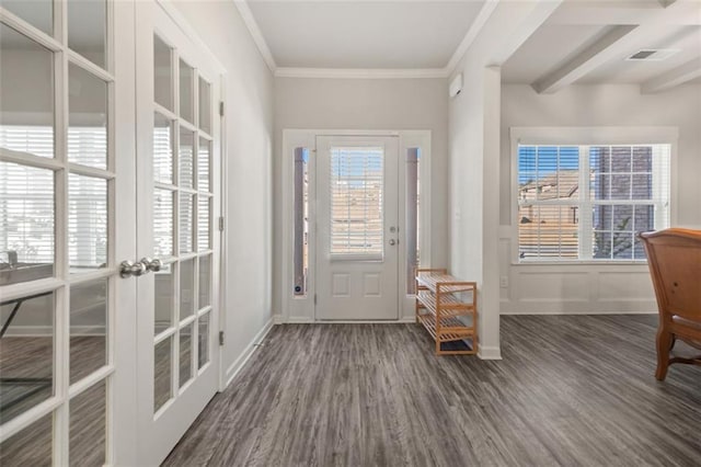 doorway to outside featuring french doors, dark hardwood / wood-style floors, and ornamental molding