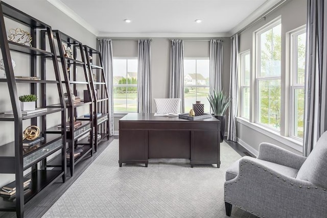 office featuring recessed lighting, baseboards, and wood finished floors