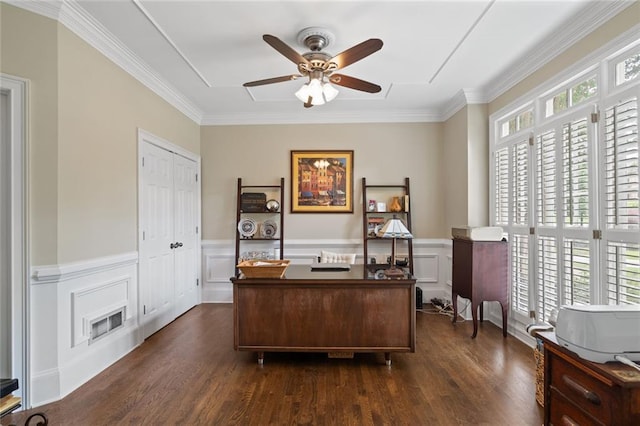 4575 Dairy Way, Peachtree Corners, GA 30092 - office with ceiling fan, dark wood-style flooring, ornamental molding, a decorative wall, and wainscoting