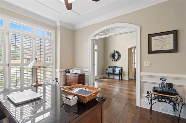 4575 Dairy Way, Peachtree Corners, GA 30092 - home office featuring arched walkways, ceiling fan, a wainscoted wall, ornamental molding, and dark wood-type flooring