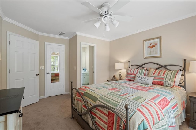 4575 Dairy Way, Peachtree Corners, GA 30092 - carpeted bedroom featuring crown molding, baseboards, ceiling fan, and connected bathroom