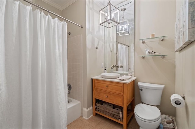 4575 Dairy Way, Peachtree Corners, GA 30092 - full bathroom with a chandelier, vanity, toilet, ornamental molding, and shower / bath combination with curtain