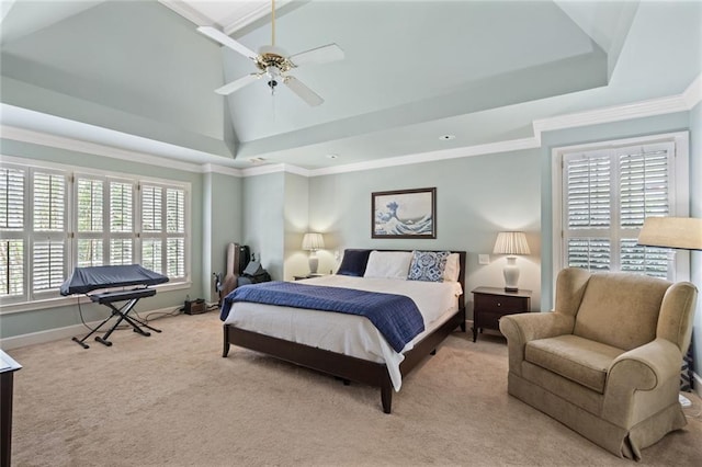 4575 Dairy Way, Peachtree Corners, GA 30092 - bedroom with multiple windows, light carpet, baseboards, high vaulted ceiling, and a ceiling fan