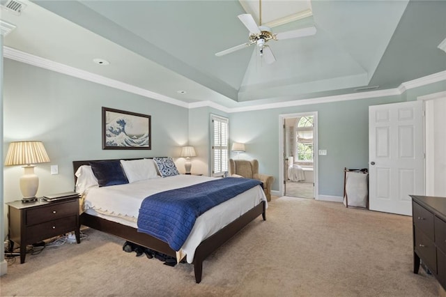 4575 Dairy Way, Peachtree Corners, GA 30092 - bedroom with light carpet, a tray ceiling, ornamental molding, ceiling fan, and connected bathroom
