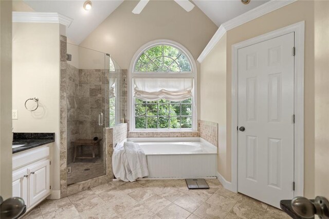 4575 Dairy Way, Peachtree Corners, GA 30092 - full bathroom featuring a garden tub, a shower stall, vanity, crown molding, and vaulted ceiling