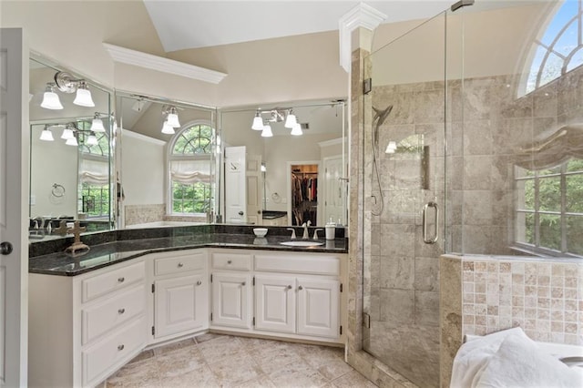 4575 Dairy Way, Peachtree Corners, GA 30092 - full bath featuring a stall shower, vanity, a tub to relax in, a walk in closet, and tile patterned flooring