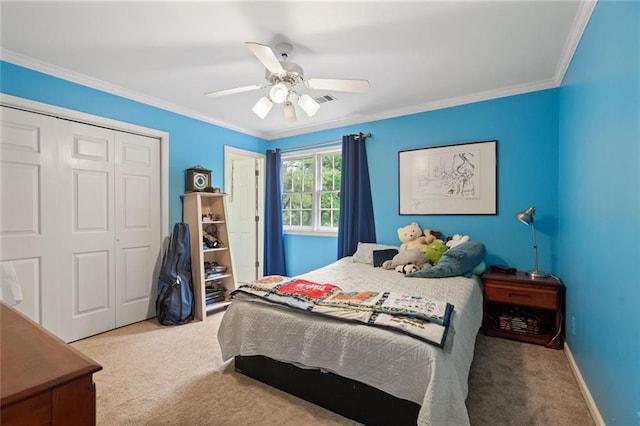 4575 Dairy Way, Peachtree Corners, GA 30092 - carpeted bedroom with a closet, ornamental molding, ceiling fan, and baseboards
