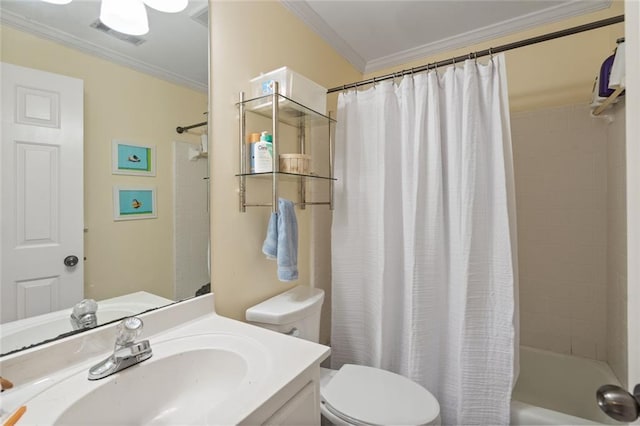 4575 Dairy Way, Peachtree Corners, GA 30092 - bathroom featuring toilet, crown molding, vanity, and shower / bath combination with curtain