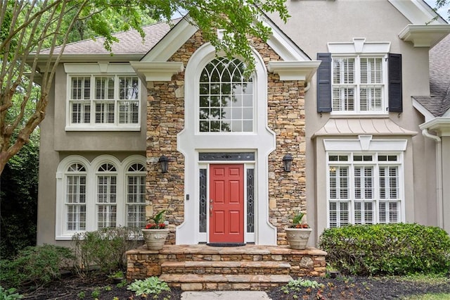 4575 Dairy Way, Peachtree Corners, GA 30092 - doorway to property featuring stucco siding and stone siding