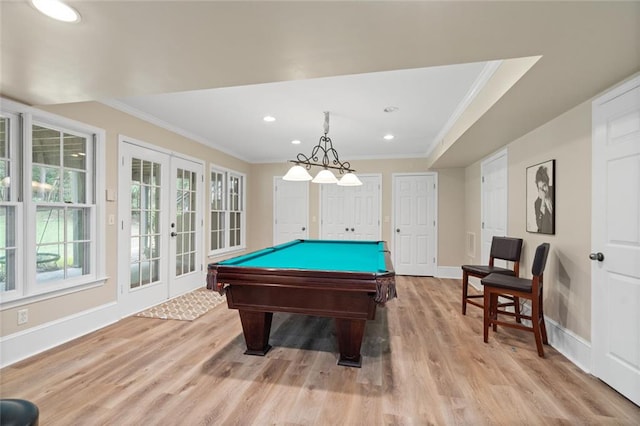 4575 Dairy Way, Peachtree Corners, GA 30092 - rec room featuring french doors, crown molding, baseboards, light wood finished floors, and healthy amount of natural light