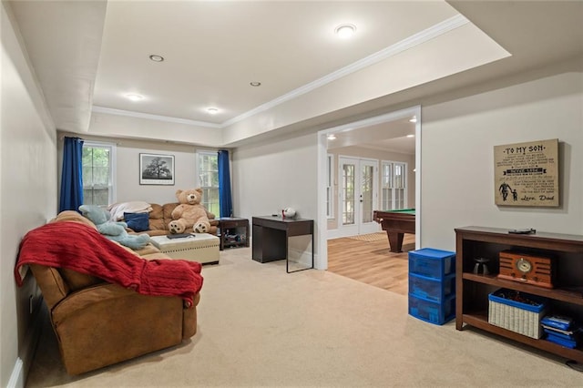 4575 Dairy Way, Peachtree Corners, GA 30092 - living area with billiards, ornamental molding, carpet, a raised ceiling, and french doors