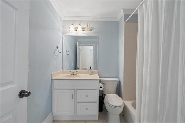 4575 Dairy Way, Peachtree Corners, GA 30092 - bathroom featuring toilet, vanity, ornamental molding, shower / bath combo, and tile patterned flooring